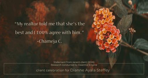 Testimonial for mortgage professional Dianne Ayala Steffey with Sterling Mortgage Services LLC powered by Aspire Mortgage Advisors, LLC in Plano, Texas: “My realtor told me that she's the best and I 100% agree with him.”