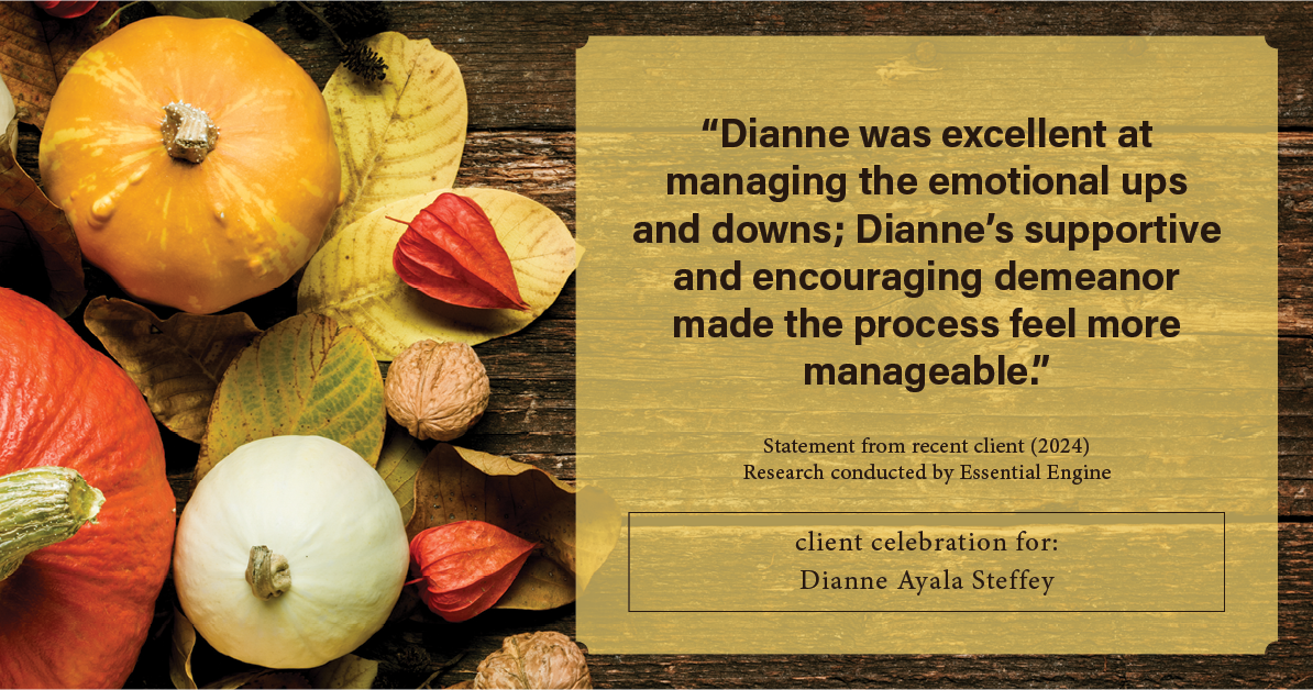 Testimonial for mortgage professional Dianne Ayala Steffey with New American Funding, LLC in Dallas, Texas: "Dianne was excellent at managing the emotional ups and downs; Dianne's supportive and encouraging demeanor made the process feel more manageable."