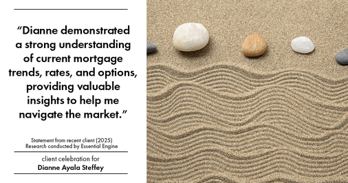 Testimonial for mortgage professional Dianne Ayala Steffey with New American Funding, LLC in San Antonio, Texas: "Dianne demonstrated a strong understanding of current mortgage trends, rates, and options, providing valuable insights to help me navigate the market."