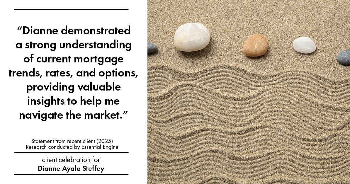 Testimonial for mortgage professional Dianne Ayala Steffey with New American Funding, LLC in San Antonio, Texas: "Dianne demonstrated a strong understanding of current mortgage trends, rates, and options, providing valuable insights to help me navigate the market."