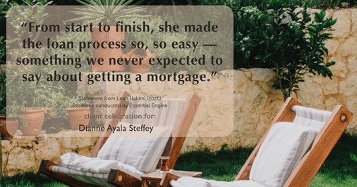 Testimonial for mortgage professional Dianne Ayala Steffey with Sterling Mortgage Services LLC powered by Aspire Mortgage Advisors, LLC in Plano, Texas: "From start to finish, she made the loan process so, so easy — something we never expected to say about getting a mortgage.”