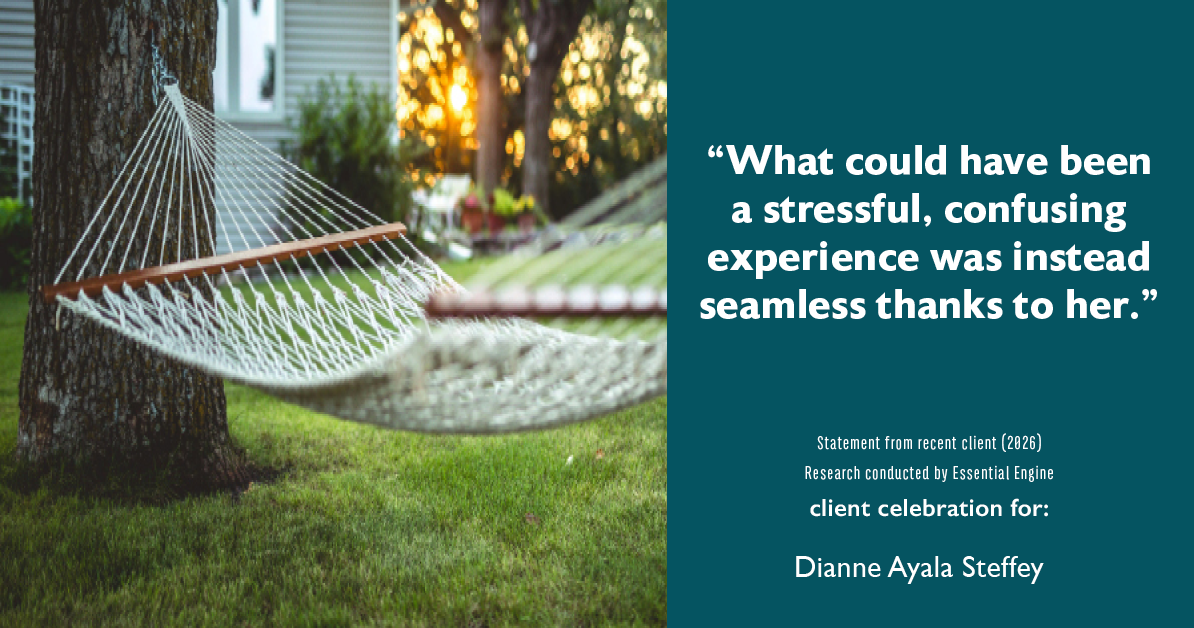 Testimonial for mortgage professional Dianne Ayala Steffey with Sterling Mortgage Services LLC powered by Aspire Mortgage Advisors, LLC in Plano, Texas: “What could have been a stressful, confusing experience was instead seamless thanks to her.”