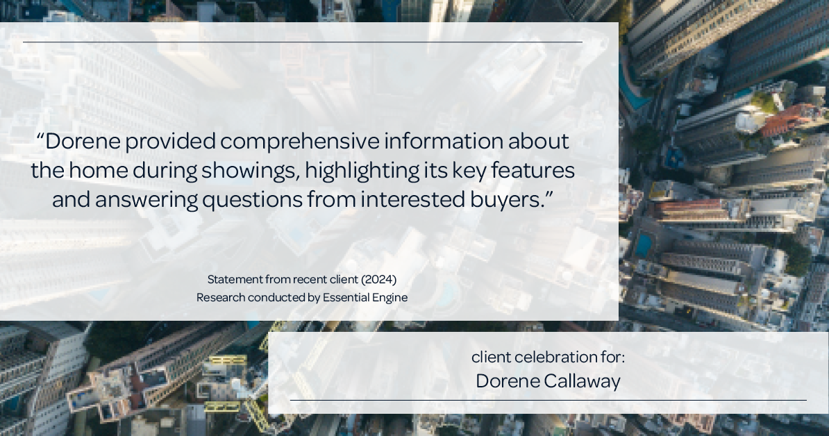 Testimonial for real estate agent Dorene Callaway with JPAR Real Estate-The Sears group in Houston, TX: "Dorene provided comprehensive information about the home during showings, highlighting its key features and answering questions from interested buyers."