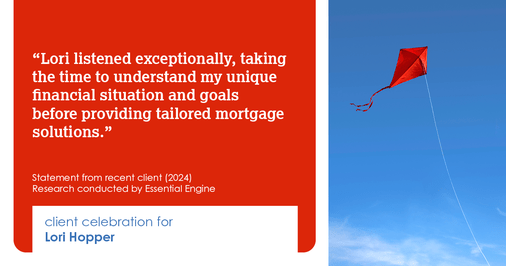 Testimonial for mortgage professional Lori Hopper with Metro Mortgage Group in Flower Mound, TX: "Lori listened exceptionally, taking the time to understand my unique financial situation and goals before providing tailored mortgage solutions."