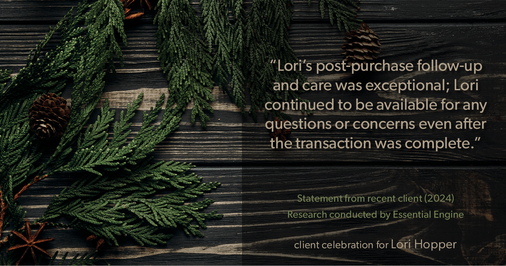 Testimonial for mortgage professional Lori Hopper with Metro Mortgage Group in Flower Mound, TX: "Lori's post-purchase follow-up and care was exceptional; Lori continued to be available for any questions or concerns even after the transaction was complete."