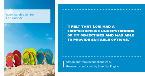 Testimonial for mortgage professional Lori Hopper with Metro Mortgage Group in Flower Mound, TX: "I felt that Lori had a comprehensive understanding of my objectives and was able to provide suitable options."