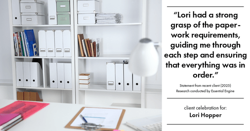 Testimonial for mortgage professional Lori Hopper with Metro Mortgage Group in Flower Mound, TX: "Lori had a strong grasp of the paperwork requirements, guiding me through each step and ensuring that everything was in order."