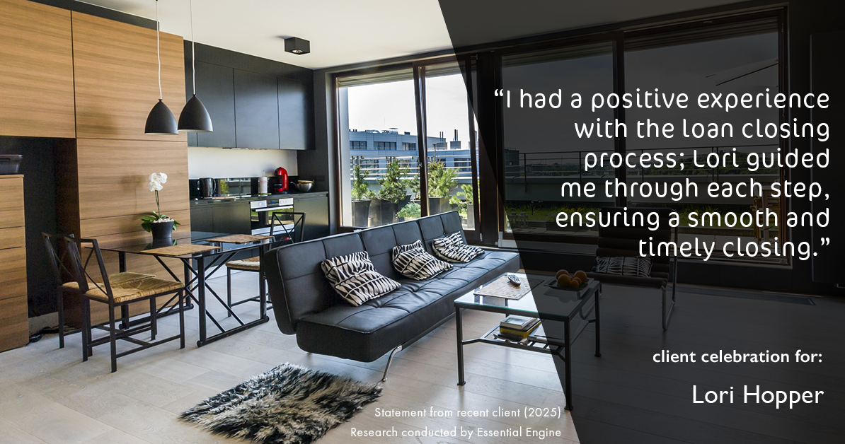 Testimonial for mortgage professional Lori Hopper with Metro Mortgage Group in Flower Mound, TX: "I had a positive experience with the loan closing process; Lori guided me through each step, ensuring a smooth and timely closing."