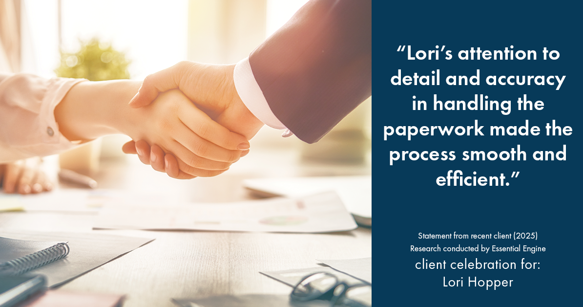 Testimonial for mortgage professional Lori Hopper with Metro Mortgage Group in Flower Mound, TX: "Lori's attention to detail and accuracy in handling the paperwork made the process smooth and efficient."
