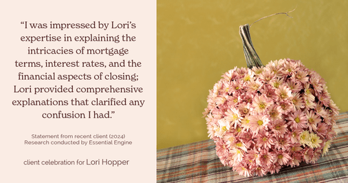 Testimonial for mortgage professional Lori Hopper with Metro Mortgage Group in Flower Mound, TX: "I was impressed by Lori's expertise in explaining the intricacies of mortgage terms, interest rates, and the financial aspects of closing; Lori provided comprehensive explanations that clarified any confusion I had."