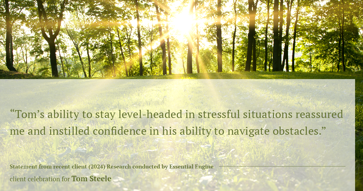 Testimonial for real estate agent Tom Steele with Steele Real Estate Services in Blue Ash, OHIO: "Tom's ability to stay level-headed in stressful situations reassured me and instilled confidence in his ability to navigate obstacles."