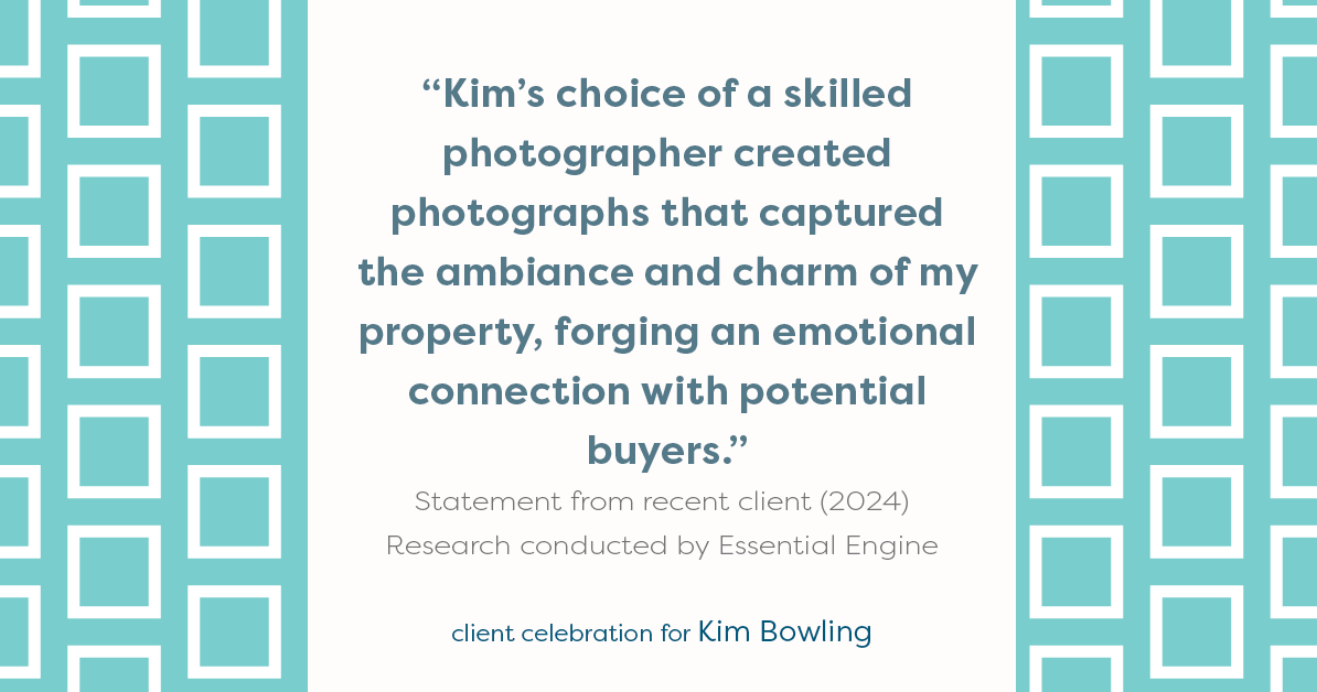 Testimonial for real estate agent Kim Bowling with Compass RE Texas, LLC in , : "Kim's choice of a skilled photographer created photographs that captured the ambiance and charm of my property, forging an emotional connection with potential buyers."