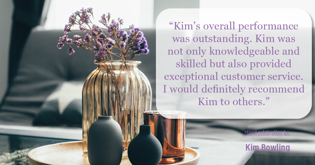 Testimonial for real estate agent Kim Bowling with Compass RE Texas, LLC in , : "Kim's overall performance was outstanding. Kim was not only knowledgeable and skilled but also provided exceptional customer service. I would definitely recommend Kim to others."