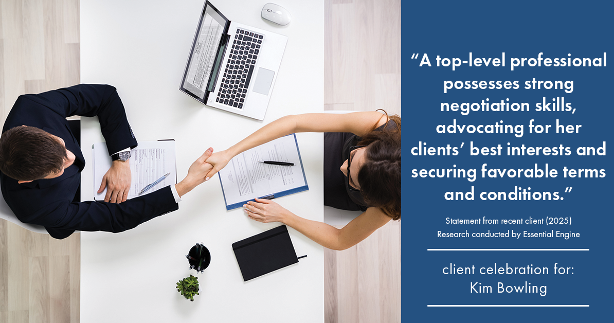 Testimonial for real estate agent Kim Bowling with Compass RE Texas, LLC in , : "A top-level professional possesses strong negotiation skills, advocating for her clients' best interests and securing favorable terms and conditions."