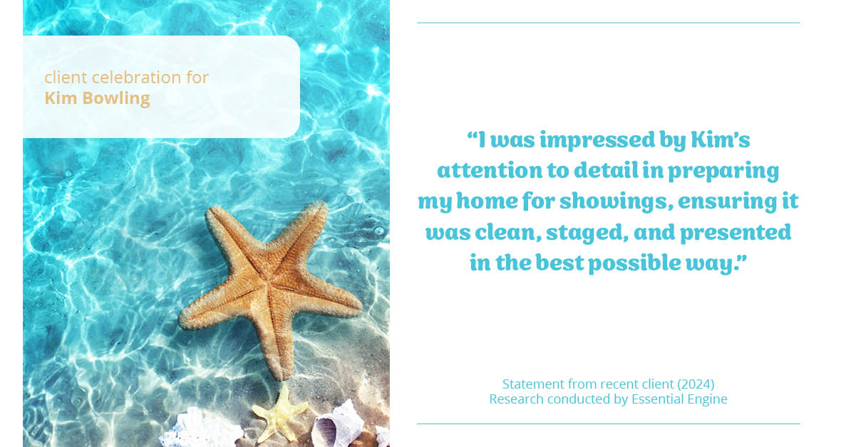 Testimonial for real estate agent Kim Bowling with Compass RE Texas, LLC in , : "I was impressed by Kim's attention to detail in preparing my home for showings, ensuring it was clean, staged, and presented in the best possible way."