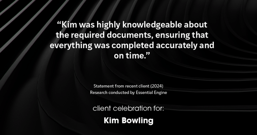 Testimonial for real estate agent Kim Bowling with Compass RE Texas, LLC in , : "Kim was highly knowledgeable about the required documents, ensuring that everything was completed accurately and on time."