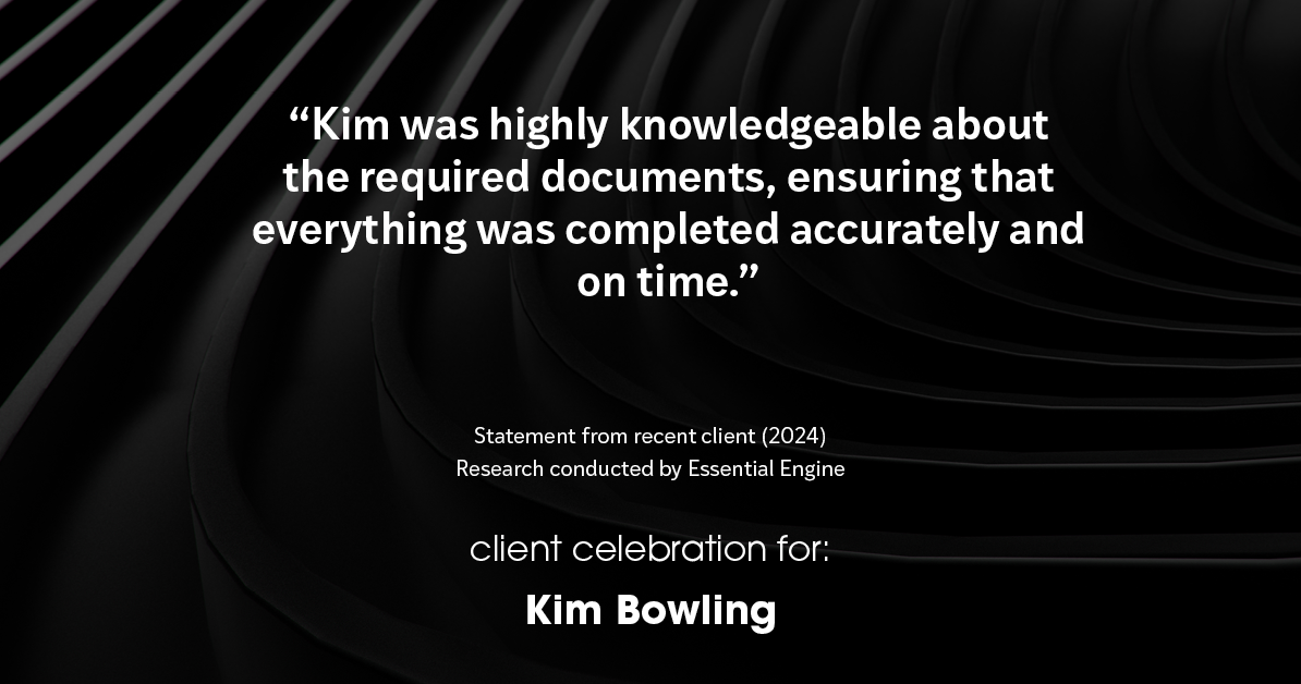 Testimonial for real estate agent Kim Bowling with Compass RE Texas, LLC in , : "Kim was highly knowledgeable about the required documents, ensuring that everything was completed accurately and on time."