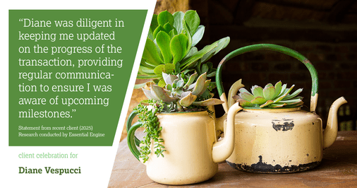 Testimonial for real estate agent Diane Vespucci with REMAX 100 Realty in St Augustine, Florida: "Diane was diligent in keeping me updated on the progress of the transaction, providing regular communication to ensure I was aware of upcoming milestones."