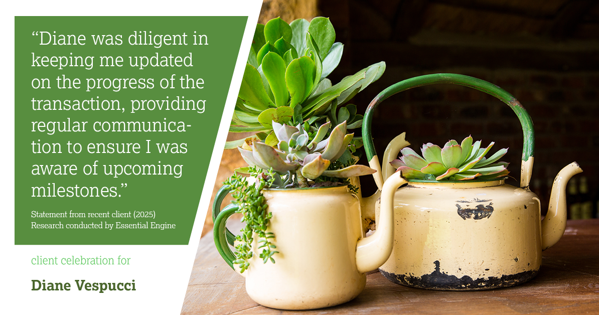 Testimonial for real estate agent Diane Vespucci with REMAX 100 Realty in St Augustine, Florida: "Diane was diligent in keeping me updated on the progress of the transaction, providing regular communication to ensure I was aware of upcoming milestones."