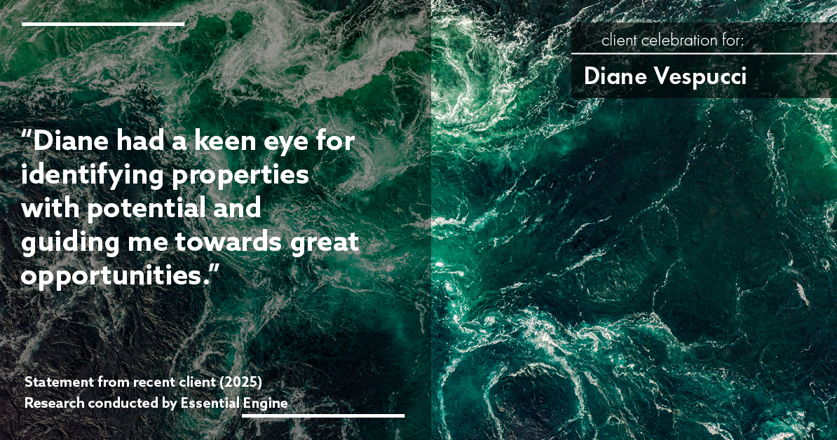 Testimonial for real estate agent Diane Vespucci with REMAX 100 Realty in St Augustine, Florida: "Diane had a keen eye for identifying properties with potential and guiding me towards great opportunities."