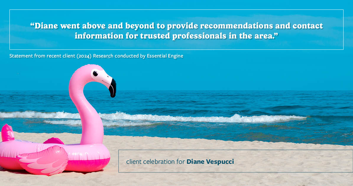 Testimonial for real estate agent Diane Vespucci with REMAX 100 Realty in St Augustine, Florida: "Diane went above and beyond to provide recommendations and contact information for trusted professionals in the area."