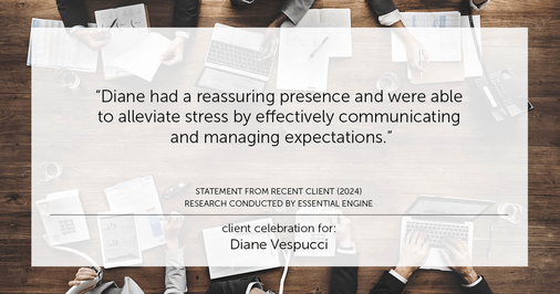 Testimonial for real estate agent Diane Vespucci with REMAX 100 Realty in St Augustine, Florida: "Diane had a reassuring presence and were able to alleviate stress by effectively communicating and managing expectations."