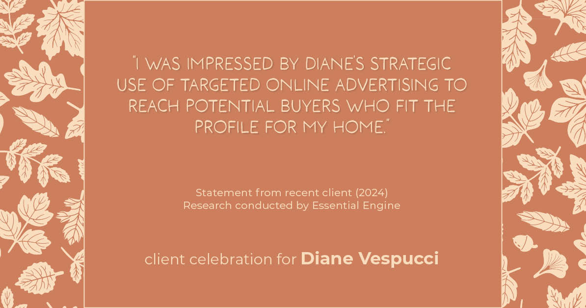 Testimonial for real estate agent Diane Vespucci with REMAX 100 Realty in St Augustine, Florida: "I was impressed by Diane's strategic use of targeted online advertising to reach potential buyers who fit the profile for my home."