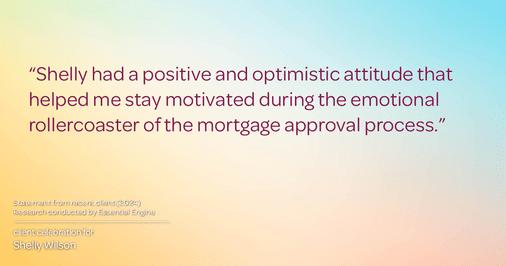 Testimonial for mortgage professional Shelly Wilson with Wilson Group Mortgage in Flower Mound, TX: "Shelly had a positive and optimistic attitude that helped me stay motivated during the emotional rollercoaster of the mortgage approval process."