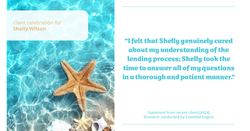 Testimonial for mortgage professional Shelly Wilson with Wilson Group Mortgage in Flower Mound, TX: "I felt that Shelly genuinely cared about my understanding of the lending process; Shelly took the time to answer all of my questions in a thorough and patient manner."