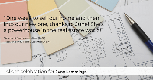 Testimonial for real estate agent June Lemmings with Keller Williams Realty Elevate in Greeley, CO: "One week to sell our home and then into our new one, thanks to June! She's a powerhouse in the real estate world!"