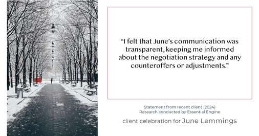 Testimonial for real estate agent June Lemmings with Keller Williams Realty in Greeley, CO: "I felt that June's communication was transparent, keeping me informed about the negotiation strategy and any counteroffers or adjustments."