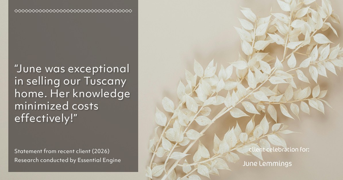 Testimonial for real estate agent June Lemmings with Keller Williams Realty Elevate in Greeley, CO: "June was exceptional in selling our Tuscany home. Her knowledge minimized costs effectively!"