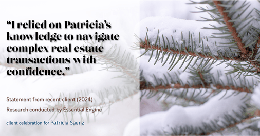 Testimonial for real estate agent Patricia Saenz with Premier Realty Group- Platinum in San Antonio, TX: "I relied on Patricia's knowledge to navigate complex real estate transactions with confidence."