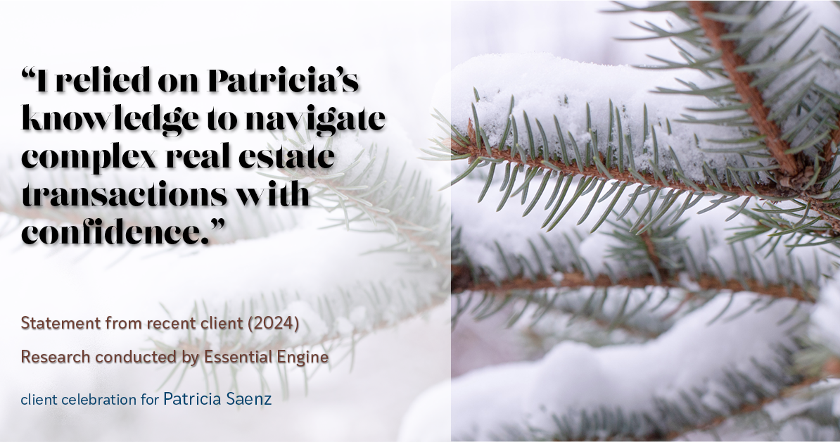 Testimonial for real estate agent Patricia Saenz with Premier Realty Group- Platinum in San Antonio, TX: "I relied on Patricia's knowledge to navigate complex real estate transactions with confidence."