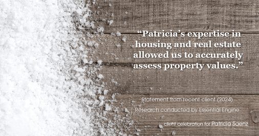 Testimonial for real estate agent Patricia Saenz with Premier Realty Group- Platinum in San Antonio, TX: "Patricia's expertise in housing and real estate allowed us to accurately assess property values."