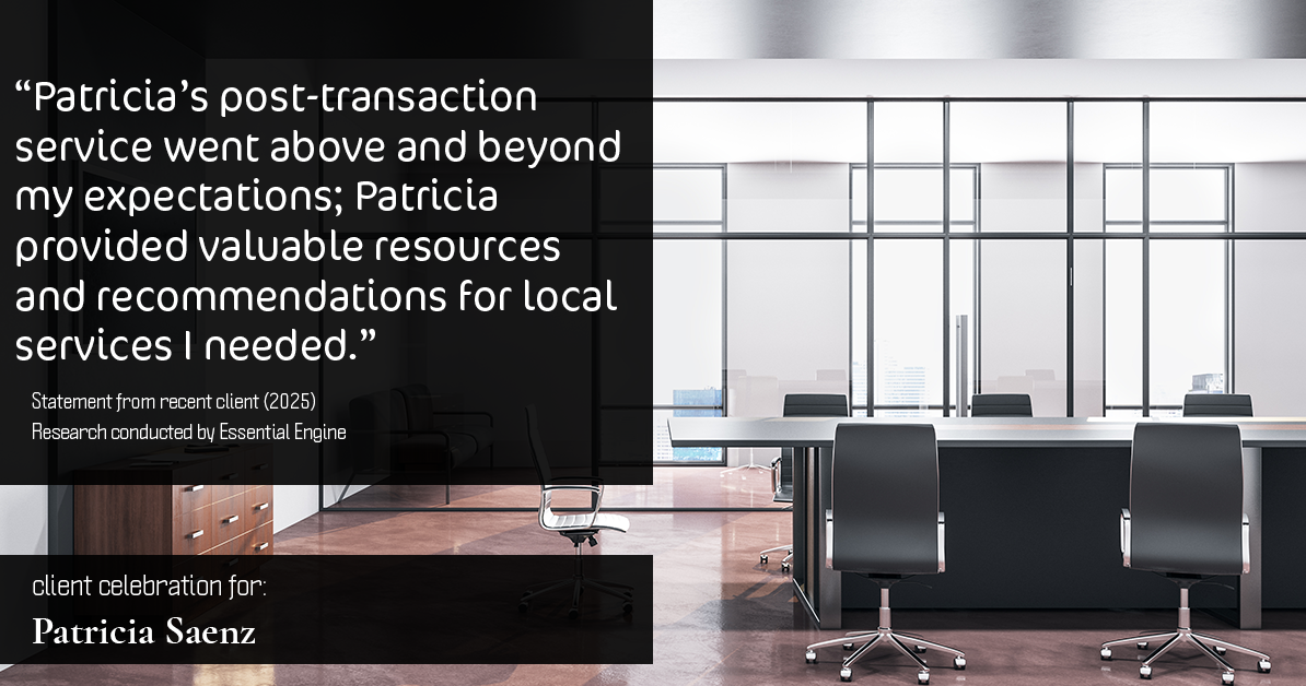 Testimonial for real estate agent Patricia Saenz with Premier Realty Group- PRG - Platinum in San Antonio, TX: "Patricia's post-transaction service went above and beyond my expectations; Patricia provided valuable resources and recommendations for local services I needed."