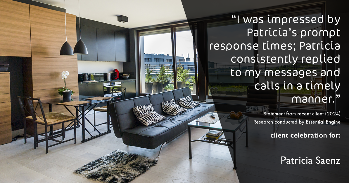 Testimonial for real estate agent Patricia Saenz with Premier Realty Group- PRG - Platinum in San Antonio, TX: "I was impressed by Patricia's prompt response times; Patricia consistently replied to my messages and calls in a timely manner."