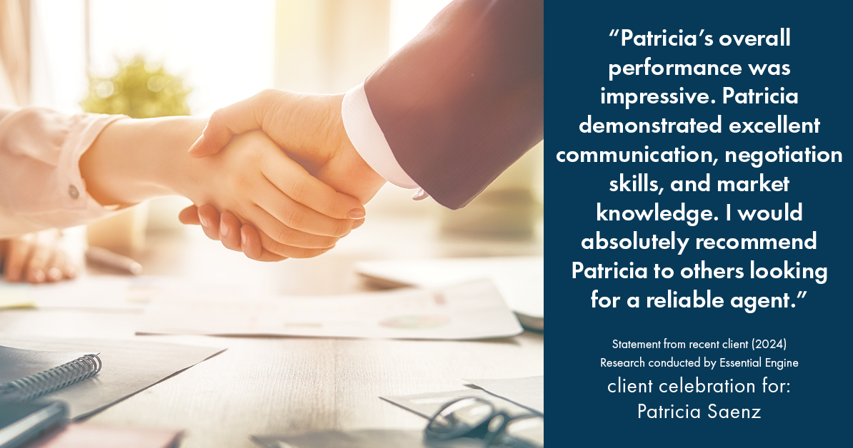 Testimonial for real estate agent Patricia Saenz with Premier Realty Group- PRG - Platinum in San Antonio, TX: "Patricia's overall performance was impressive. Patricia demonstrated excellent communication, negotiation skills, and market knowledge. I would absolutely recommend Patricia to others looking for a reliable agent."