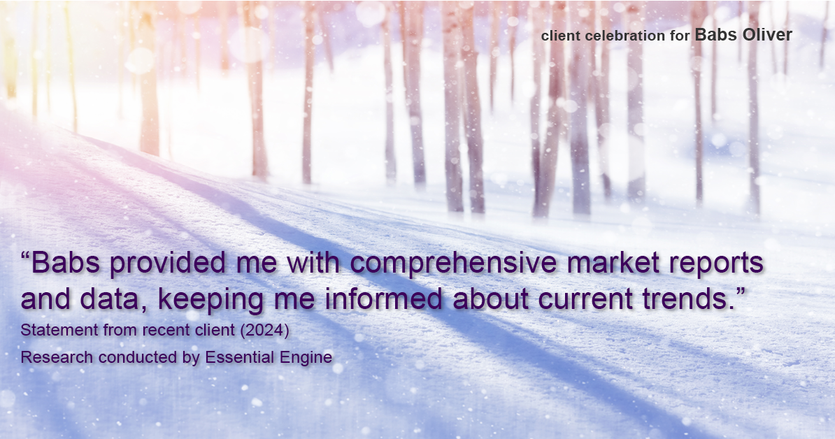 Testimonial for real estate agent Babs Oliver in Centennial, CO: "Babs provided me with comprehensive market reports and data, keeping me informed about current trends."