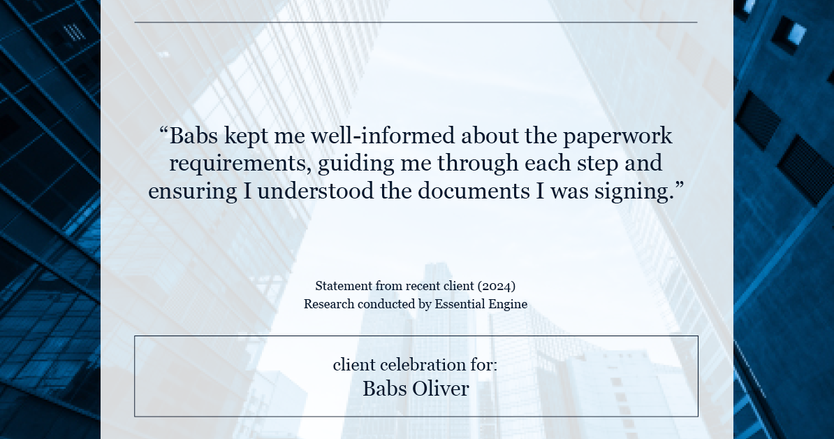 Testimonial for real estate agent Babs Oliver in Centennial, CO: "Babs kept me well-informed about the paperwork requirements, guiding me through each step and ensuring I understood the documents I was signing."