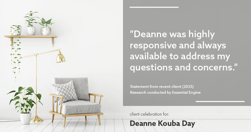 Testimonial for real estate agent Deanne Kouba Day with Day & Company, Inc. in Keenesburg, CO: "Deanne's responsiveness was exceptional; Deanne consistently went above and beyond to provide timely updates and information."