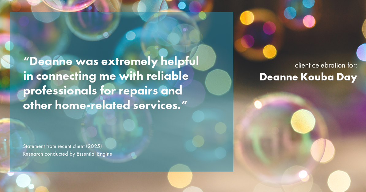 Testimonial for real estate agent Deanne Kouba Day with Day & Company, Inc. in Keenesburg, CO: "Deanne was extremely helpful in connecting me with reliable professionals for repairs and other home-related services."