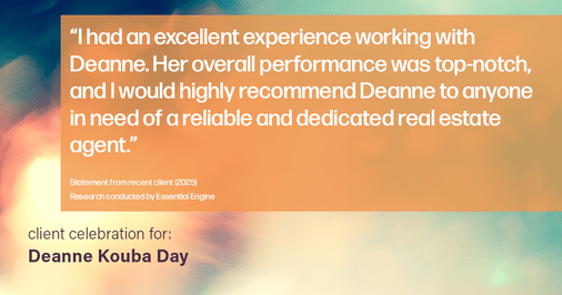 Testimonial for real estate agent Deanne Kouba Day with Day & Company, Inc. in Keenesburg, CO: "I had an excellent experience working with Deanne. Her overall performance was top-notch, and I would highly recommend Deanne to anyone in need of a reliable and dedicated real estate agent."