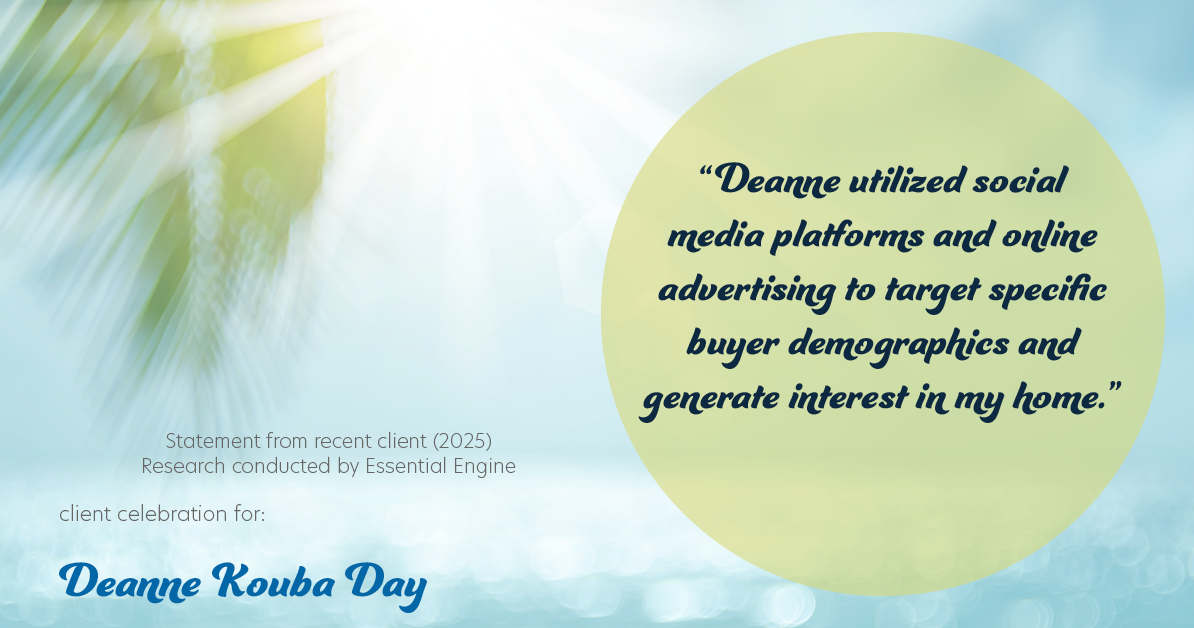 Testimonial for real estate agent Deanne Kouba Day with Day & Company, Inc. in Keenesburg, CO: "Deanne utilized social media platforms and online advertising to target specific buyer demographics and generate interest in my home."
