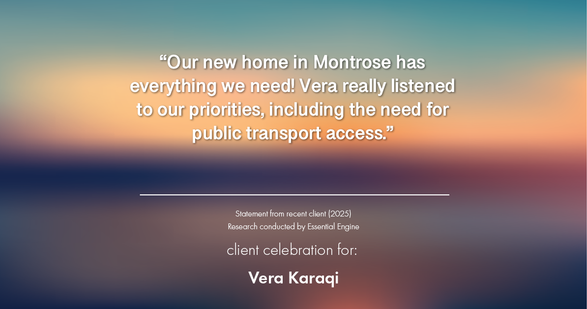 Testimonial for real estate agent Vera Karaqi in Katonah, NY: "Our new home in Montrose has everything we need! Vera really listened to our priorities, including the need for public transport access."