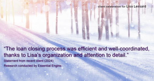 Testimonial for mortgage professional Lisa Lessard with Banner Mortgage a division of Universal Home Loans in Elizabeth, CO: "The loan closing process was efficient and well-coordinated, thanks to Lisa's organization and attention to detail."