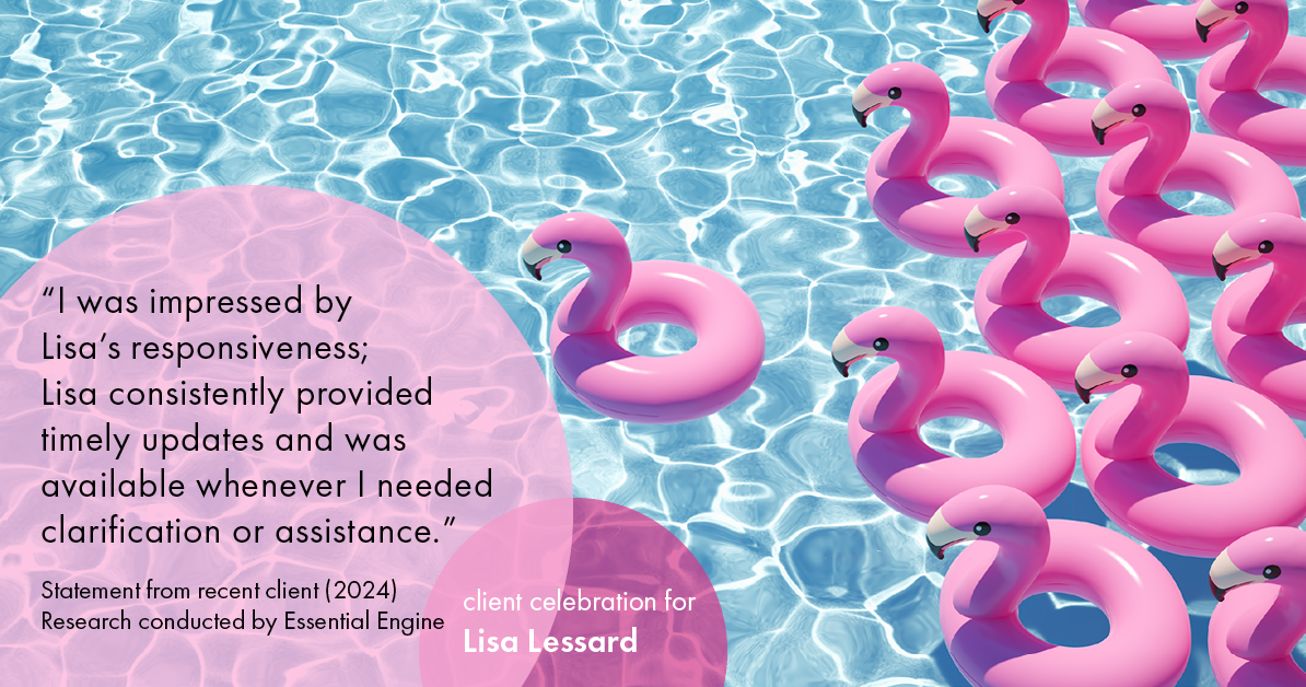 Testimonial for mortgage professional Lisa Lessard with Banner Mortgage a division of Universal Home Loans in Elizabeth, CO: "I was impressed by Lisa's responsiveness; Lisa consistently provided timely updates and was available whenever I needed clarification or assistance."