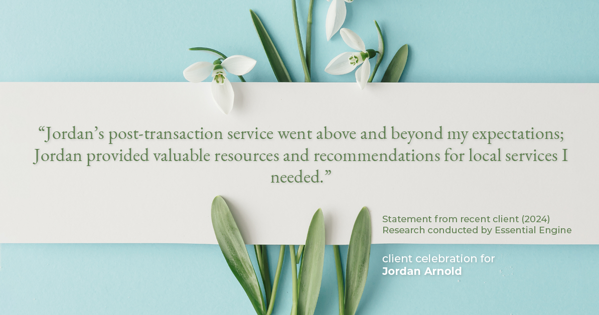 Testimonial for real estate agent Jordan Arnold with Compass RE in Ardmore, PA: "Jordan's post-transaction service went above and beyond my expectations; Jordan provided valuable resources and recommendations for local services I needed."