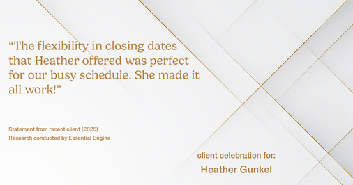 Testimonial for real estate agent Heather Gunkel with Keller Williams Real Estate Langhorne in Langhorne, PA: "The flexibility in closing dates that Heather offered was perfect for our busy schedule. She made it all work!"