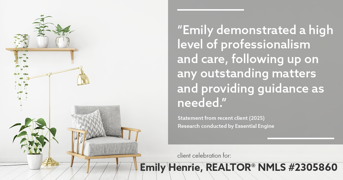 Testimonial for real estate agent Emily Henrie, REALTOR® NMLS #2305860 with Come on Home Colorado, LLC #2493955 in Littleton, CO: "Emily demonstrated a high level of professionalism and care, following up on any outstanding matters and providing guidance as needed."